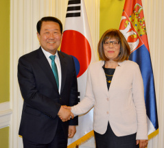 14 March 2018 National Assembly Speaker Maja Gojkovic in meeting with the Deputy Speaker of the Parliament of the Republic of Korea Park Joo-sun